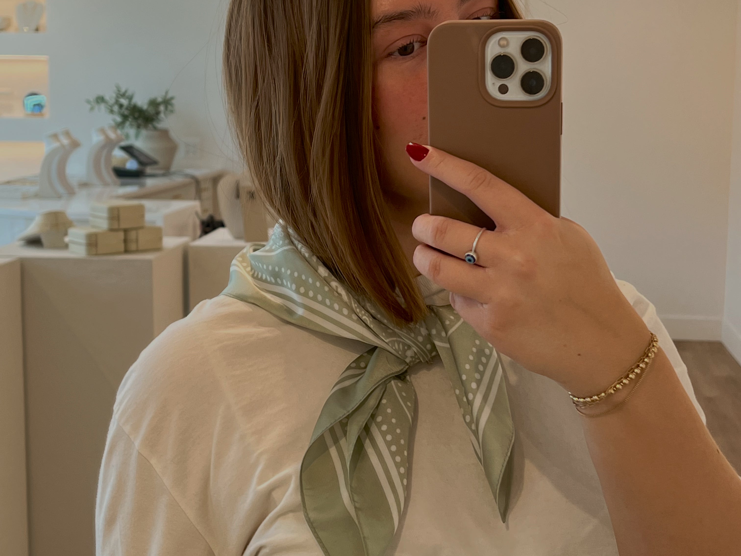 Close-up of 100% silky polyester scarf from Lavender and Grace spring collection