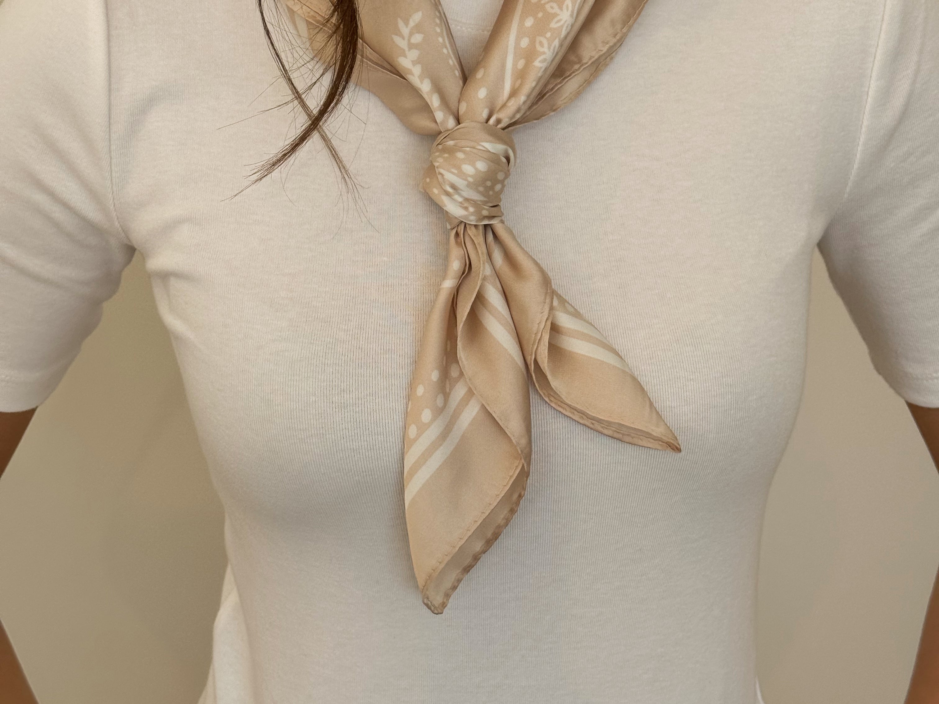 65cm x 65cm silky polyester scarf from L&G designed for multiple styling looks